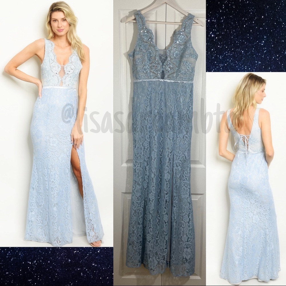 Embellished Blue Lace Corset Slit Full Length Gown- Size Small-fits like Size 0